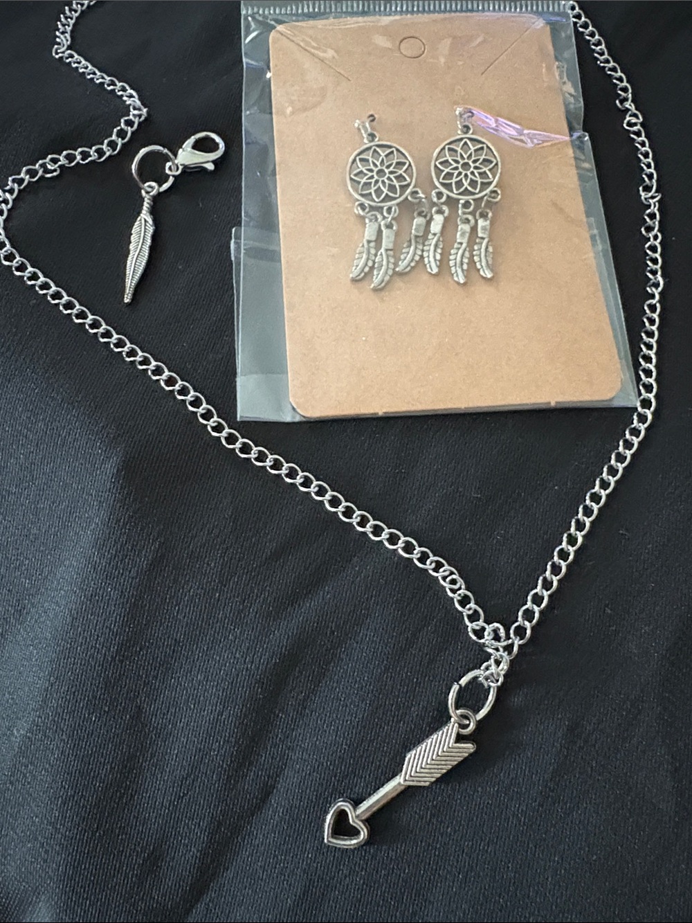 Hand Crafted Silver Arrow Heart Necklace with Dreamcatcher Earrings & charm